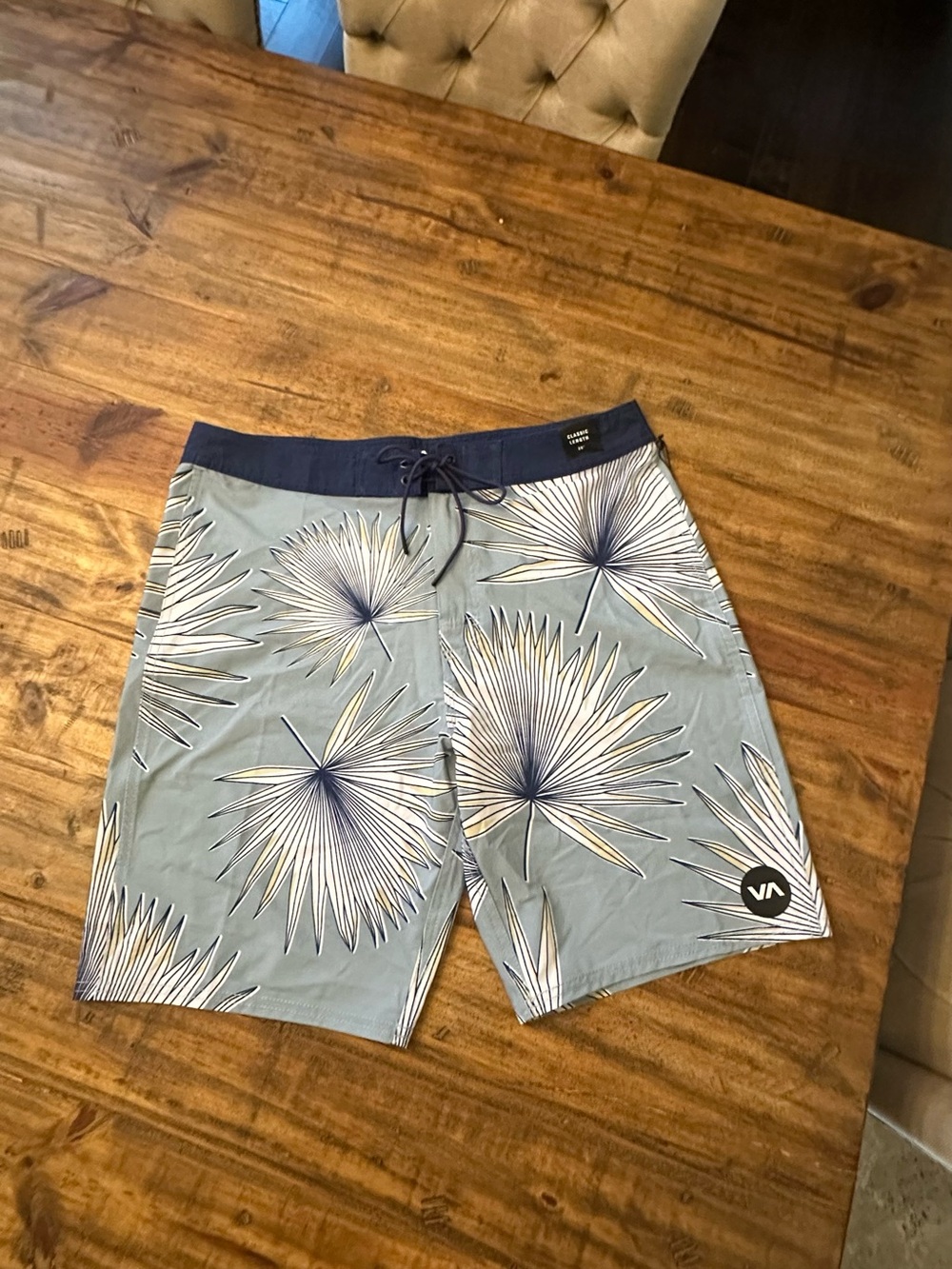 RVCA Light Blue Palm Burst Swim Board Shorts with Navy Waistband